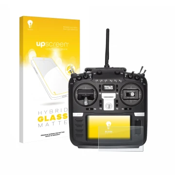 Parte frontal de un envase de producto con el logotipo de la marca upscreen. Al lado se muestra el dispositivo Radiomaster TX1