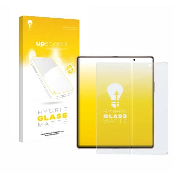 Parte frontal de un envase de producto con el logotipo de la marca upscreen. Al lado se muestra el dispositivo Samsung Galaxy 