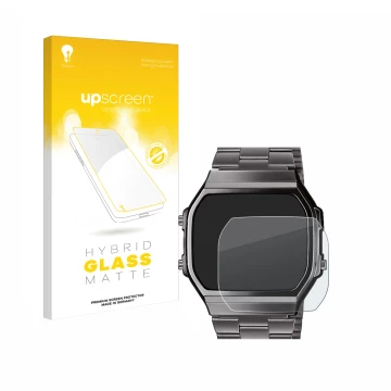 Parte frontal de un envase de producto con el logotipo de la marca upscreen. Al lado se muestra el dispositivo Casio A168WEGG-