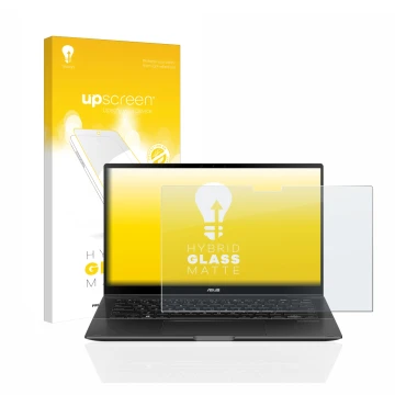 Parte frontal de un envase de producto con el logotipo de la marca upscreen. Al lado se muestra el dispositivo ASUS ZenBook Fl