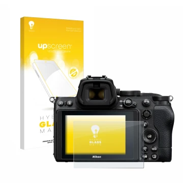 Parte frontal de un envase de producto con el logotipo de la marca upscreen. Al lado se muestra el dispositivo Nikon Z 5 con s