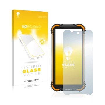 Parte frontal de un envase de producto con el logotipo de la marca upscreen. Al lado se muestra el dispositivo Doogee S58 Pro 