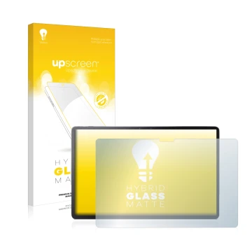 Parte frontal de un envase de producto con el logotipo de la marca upscreen. Al lado se muestra el dispositivo Lenovo Tab P11 