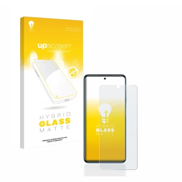 Parte frontal de un envase de producto con el logotipo de la marca upscreen. Al lado se muestra el dispositivo Xiaomi Poco X3 