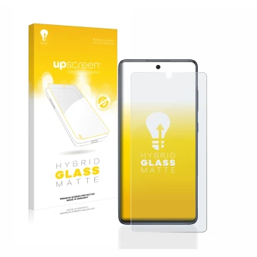 Parte frontal de un envase de producto con el logotipo de la marca upscreen. Al lado se muestra el dispositivo Samsung Galaxy 