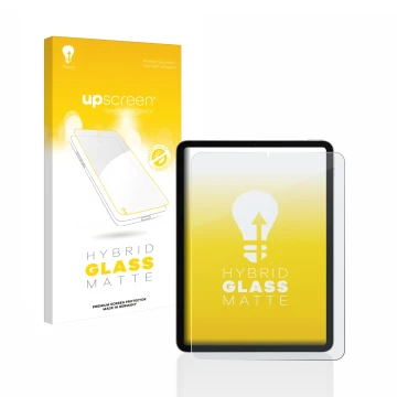 Parte frontal de un envase de producto con el logotipo de la marca upscreen. Al lado se muestra el dispositivo Apple iPad Air 