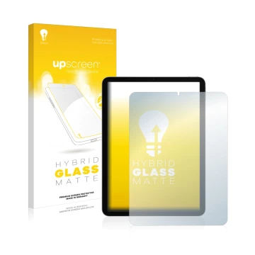 Parte frontal de un envase de producto con el logotipo de la marca upscreen. Al lado se muestra el dispositivo Apple iPad Air 