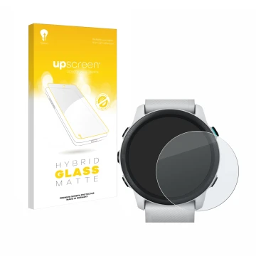 Parte frontal de un envase de producto con el logotipo de la marca upscreen. Al lado se muestra el dispositivo Garmin Forerunn