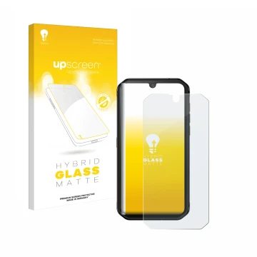 Parte frontal de un envase de producto con el logotipo de la marca upscreen. Al lado se muestra el dispositivo Blackview BV990