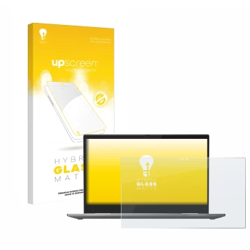 Parte frontal de un envase de producto con el logotipo de la marca upscreen. Al lado se muestra el dispositivo Lenovo ThinkPad