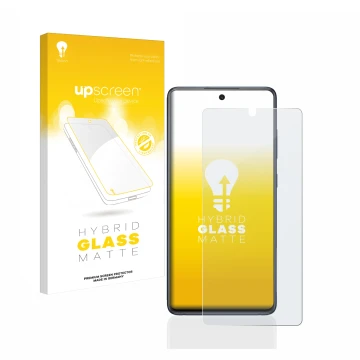 Parte frontal de un envase de producto con el logotipo de la marca upscreen. Al lado se muestra el dispositivo Samsung Galaxy 
