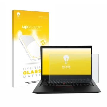 Parte frontal de un envase de producto con el logotipo de la marca upscreen. Al lado se muestra el dispositivo Lenovo ThinkPad