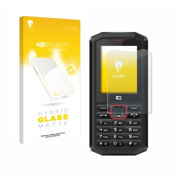 Parte frontal de un envase de producto con el logotipo de la marca upscreen. Al lado se muestra el dispositivo Crosscall Spide