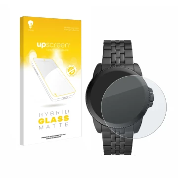 Parte frontal de un envase de producto con el logotipo de la marca upscreen. Al lado se muestra el dispositivo Fossil Gen 5E c