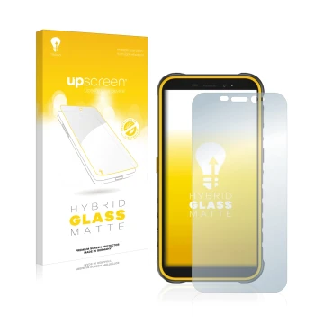 Parte frontal de un envase de producto con el logotipo de la marca upscreen. Al lado se muestra el dispositivo Ulefone Armor X