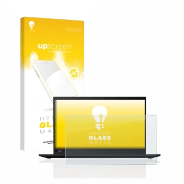 Parte frontal de un envase de producto con el logotipo de la marca upscreen. Al lado se muestra el dispositivo Lenovo ThinkPad