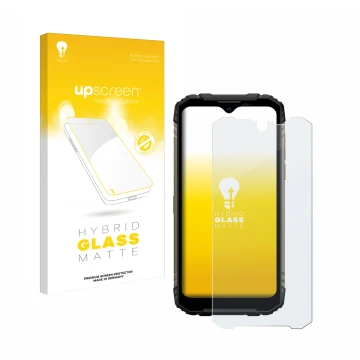 Parte frontal de un envase de producto con el logotipo de la marca upscreen. Al lado se muestra el dispositivo Doogee S96 Pro 