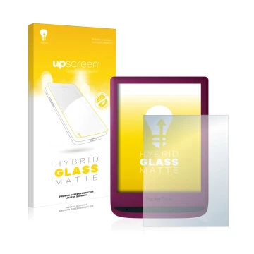 Parte frontal de un envase de producto con el logotipo de la marca upscreen. Al lado se muestra el dispositivo PocketBook Touc