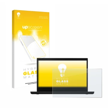 Parte frontal de un envase de producto con el logotipo de la marca upscreen. Al lado se muestra el dispositivo Lenovo ThinkPad