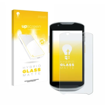 Parte frontal de un envase de producto con el logotipo de la marca upscreen. Al lado se muestra el dispositivo Zebra TC57x con