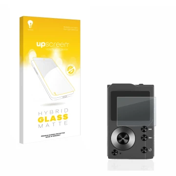 Parte frontal de un envase de producto con el logotipo de la marca upscreen. Al lado se muestra el dispositivo Surfans F20 con
