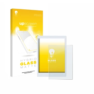 Parte frontal de un envase de producto con el logotipo de la marca upscreen. Al lado se muestra el dispositivo reMarkable 2 co