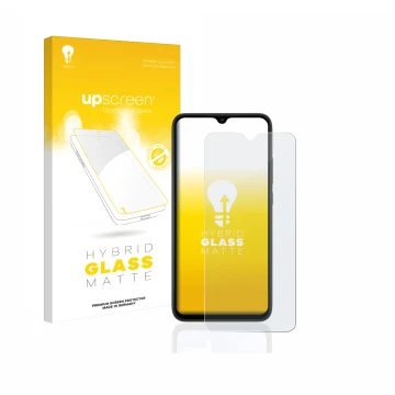 Parte frontal de un envase de producto con el logotipo de la marca upscreen. Al lado se muestra el dispositivo Xiaomi Redmi 9A