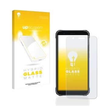Parte frontal de un envase de producto con el logotipo de la marca upscreen. Al lado se muestra el dispositivo Blackview BV490