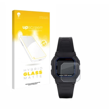 Parte frontal de un envase de producto con el logotipo de la marca upscreen. Al lado se muestra el dispositivo Casio W-800H-1A