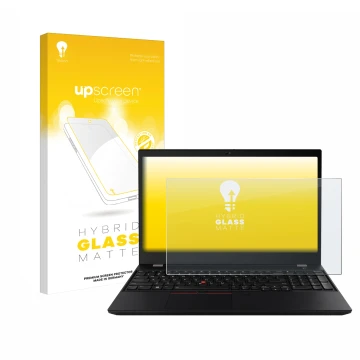 Parte frontal de un envase de producto con el logotipo de la marca upscreen. Al lado se muestra el dispositivo Lenovo ThinkPad