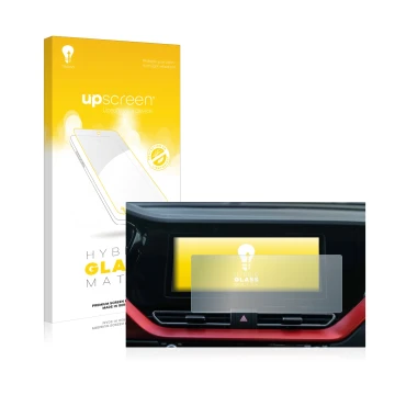 Parte frontal de un envase de producto con el logotipo de la marca upscreen. Al lado se muestra el dispositivo Kia E-Niro 2020