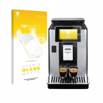 Parte frontal de un envase de producto con el logotipo de la marca upscreen. Al lado se muestra el dispositivo DeLonghi PrimaD