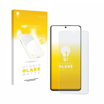 Parte frontal de un envase de producto con el logotipo de la marca upscreen. Al lado se muestra el dispositivo Samsung Galaxy 