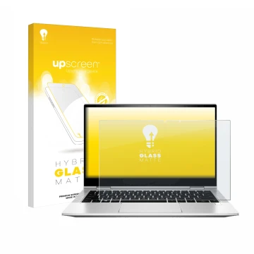 Parte frontal de un envase de producto con el logotipo de la marca upscreen. Al lado se muestra el dispositivo HP EliteBook x3