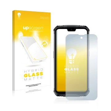 Parte frontal de un envase de producto con el logotipo de la marca upscreen. Al lado se muestra el dispositivo Doogee S59 Pro 