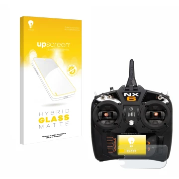 Parte frontal de un envase de producto con el logotipo de la marca upscreen. Al lado se muestra el dispositivo Spektrum NX10 c