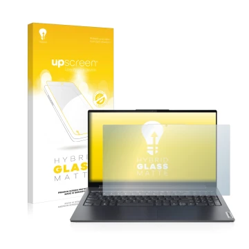 Parte frontal de un envase de producto con el logotipo de la marca upscreen. Al lado se muestra el dispositivo Lenovo Yoga 7 G