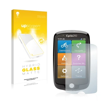 Parte frontal de un envase de producto con el logotipo de la marca upscreen. Al lado se muestra el dispositivo Mio Cyclo 210 c