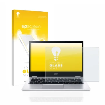 Parte frontal de un envase de producto con el logotipo de la marca upscreen. Al lado se muestra el dispositivo Acer Spin 3 SP3