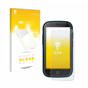 Parte frontal de un envase de producto con el logotipo de la marca upscreen. Al lado se muestra el dispositivo Unihertz Jelly 