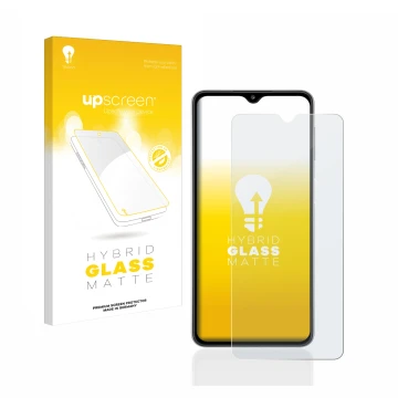 Parte frontal de un envase de producto con el logotipo de la marca upscreen. Al lado se muestra el dispositivo Samsung Galaxy 