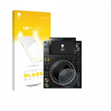 Parte frontal de un envase de producto con el logotipo de la marca upscreen. Al lado se muestra el dispositivo Pioneer CDJ 300