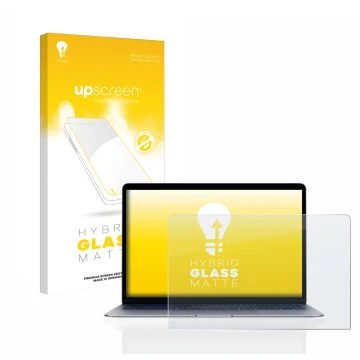 Parte frontal de un envase de producto con el logotipo de la marca upscreen. Al lado se muestra el dispositivo Apple MacBook A