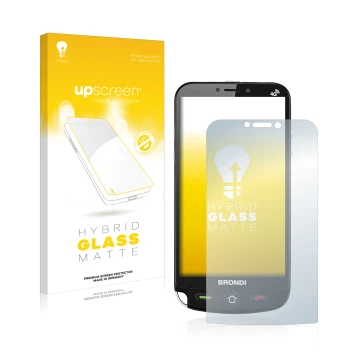 Parte frontal de un envase de producto con el logotipo de la marca upscreen. Al lado se muestra el dispositivo Brondi Amico Du