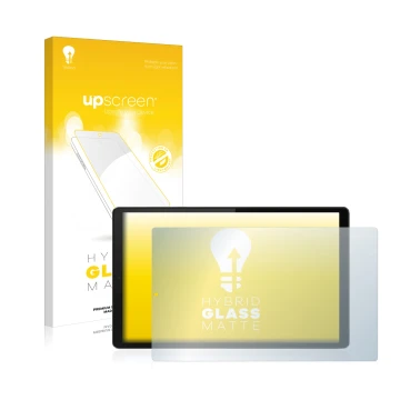 Parte frontal de un envase de producto con el logotipo de la marca upscreen. Al lado se muestra el dispositivo Lenovo Tab M10 