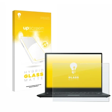 Parte frontal de un envase de producto con el logotipo de la marca upscreen. Al lado se muestra el dispositivo ASUS Rog Flow X