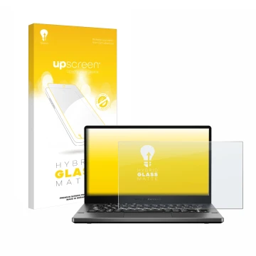 Parte frontal de un envase de producto con el logotipo de la marca upscreen. Al lado se muestra el dispositivo ASUS ROG Zephyr