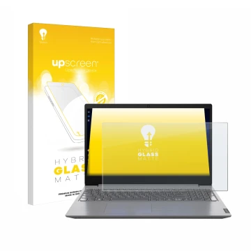 Parte frontal de un envase de producto con el logotipo de la marca upscreen. Al lado se muestra el dispositivo Lenovo V15 82C7