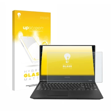 Parte frontal de un envase de producto con el logotipo de la marca upscreen. Al lado se muestra el dispositivo Lenovo Legion 5