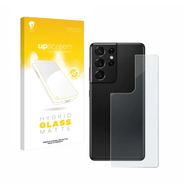 Parte frontal de un envase de producto con el logotipo de la marca upscreen. Al lado se muestra el dispositivo Samsung Galaxy 